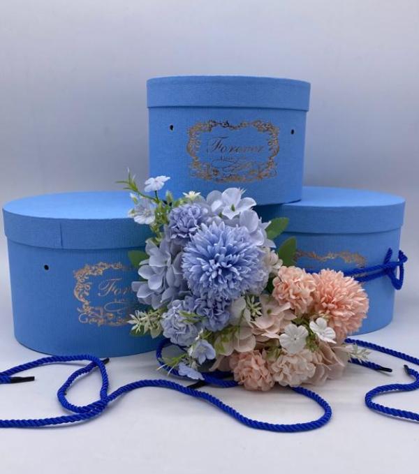 Toptan İpli Çikolata Çiçek Kutusu Mavi Renk 3'lü